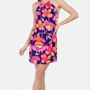 TRINA TURK “Juju” Floral Halter Dress in Pink and Orange